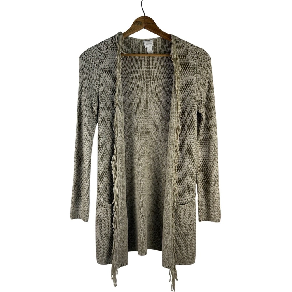 CHICOS‎ Talia Fringe Open Long Cardigan Sweater Small 0 Beige Tan Neutral Boho